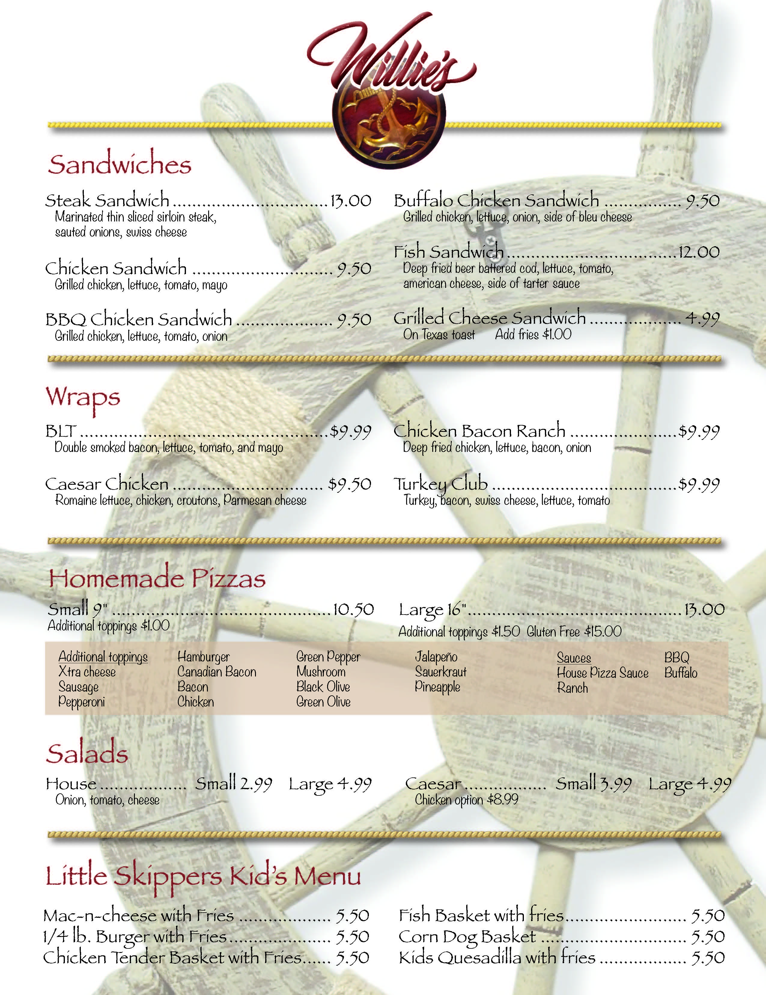 Willies menu Page 2 Welcome to Willie s